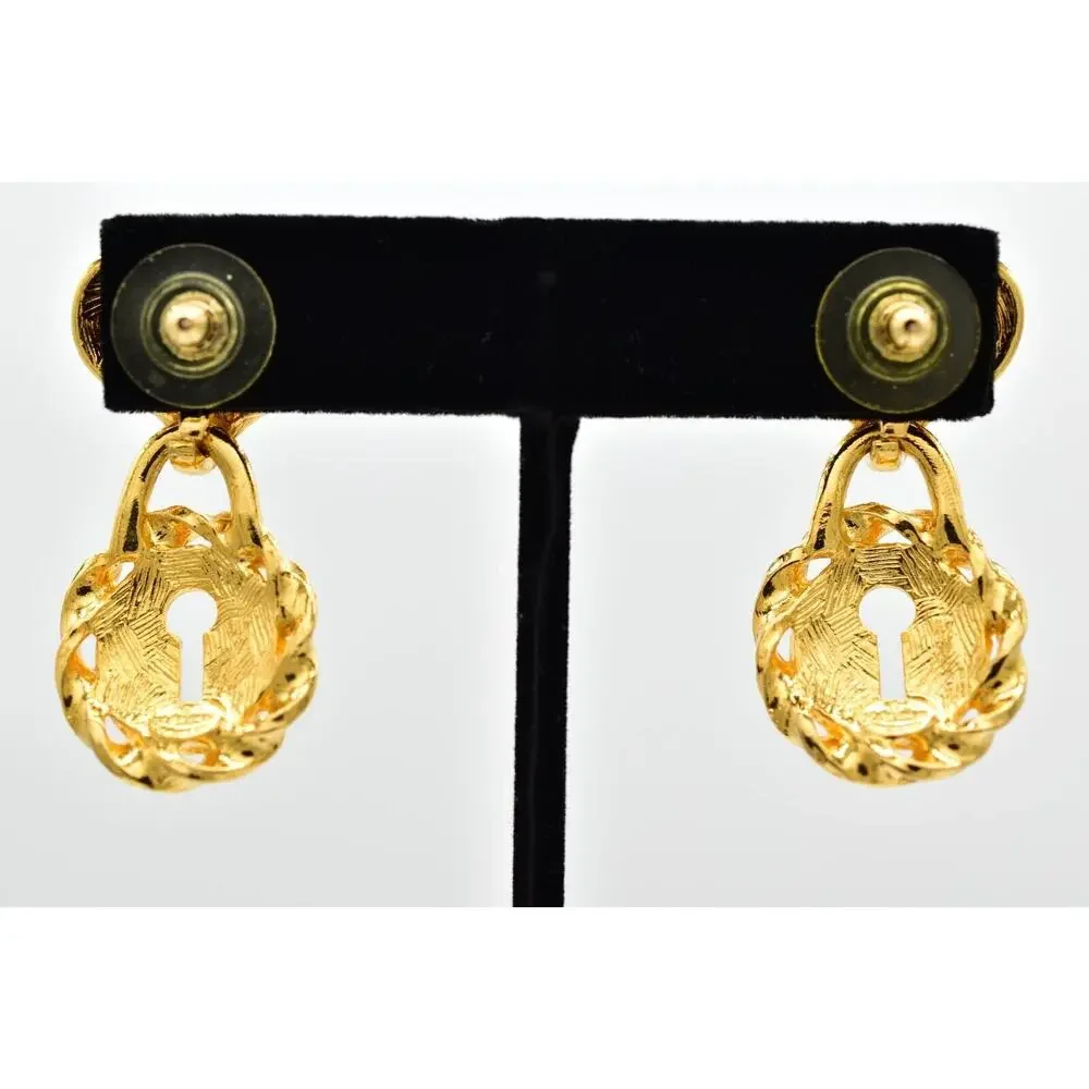 Givenchy Vintage Heart Lock Earrings Gold Tone Dangle Chunky Signed 1980s BinBK